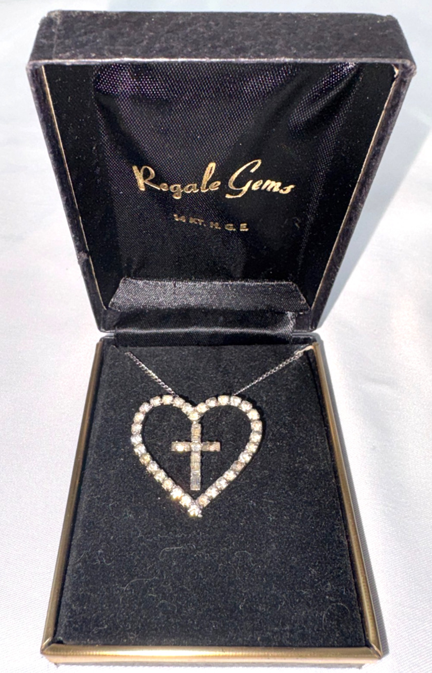 Vtg Regale Gems Man Made Diamonds Heart Cross Pendant 14KT HGE 18" Chain Broken